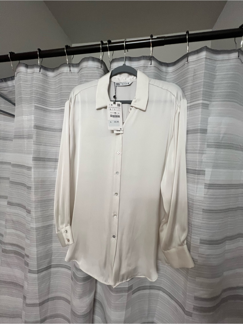 ZARA Cream Satin Effect Oversized Longline Button Down Shirt L NWT